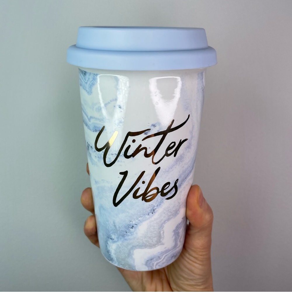 Winter Vibes Double-Walled Ceramic Travel Mug with Silicone Lid